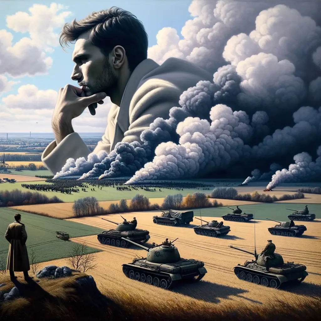 Ukrainian landscape disrupted by the shadow of russian military vehicles and smoke in the distance. Pasha from the Orphanage by Serghiy Zhadan depicted